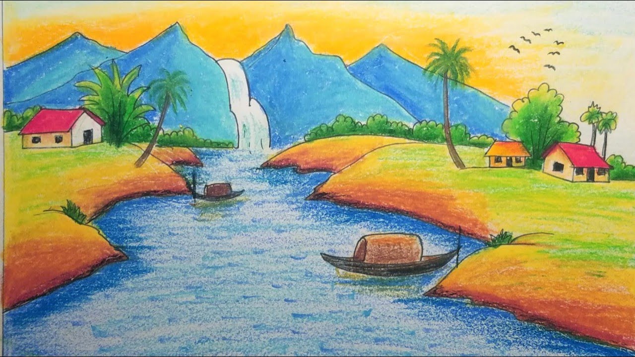 Vẽ tranh phong cảnh núi sông đơn giản | Village scenery with oil pastels step by step